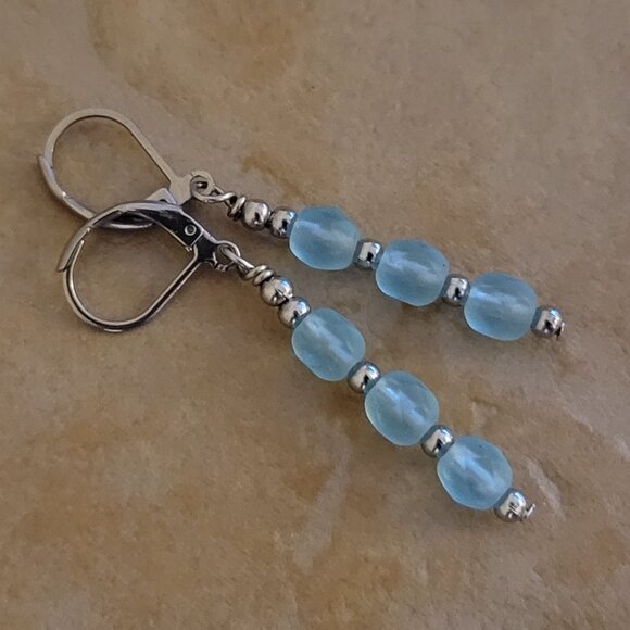 Blue Czech Crystal Earrings Firepolished Stainless Steel Leverback Earwires - Picture 3 of 4